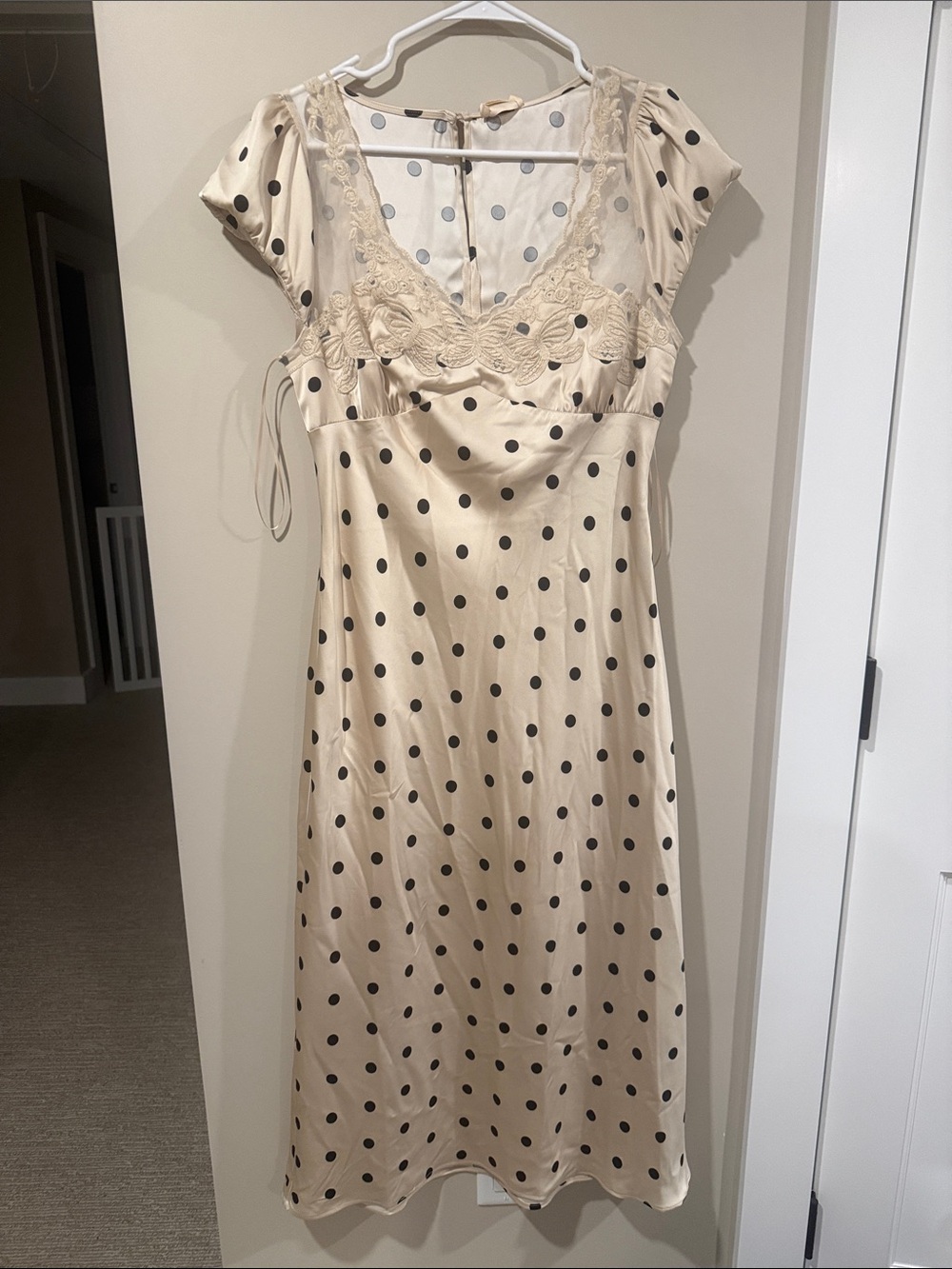 Camila Coehlo Cream Polka Dot Satin Slip Dress with Lace Trim